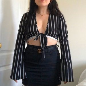 STRIPED BELL SLEEVE CROP TIE TOP
